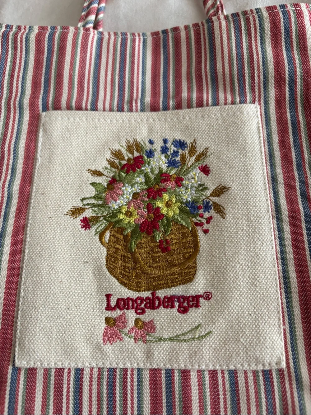 Longaberger Red, Blue & Cream Striped Canvas Tote with Embroidered Basket